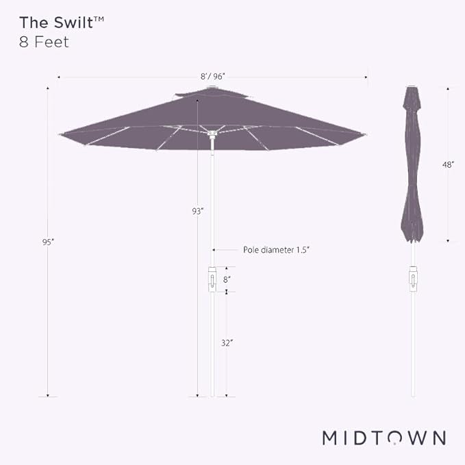 Midtown Umbrellas The Swilt 8 Feet Patio Umbrella in Sunbrella Forest Green Acrylic Fabric - Fiberglass Ribs, Auto-Tilt Aluminum Frame For Backyard, Deck, Garden, Pool - White Pole