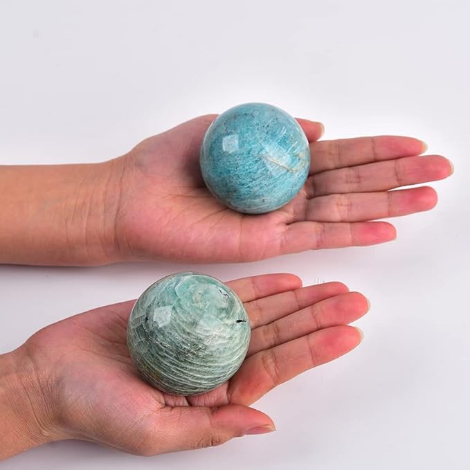 JIC Gem Natural Amazonite Crystal Ball with Wood Stand Gemstone Sphere, Polished Healing Energy Mineral Gemstone Balls for Reiki Chakra Decoration Fengshui (50-60mm)