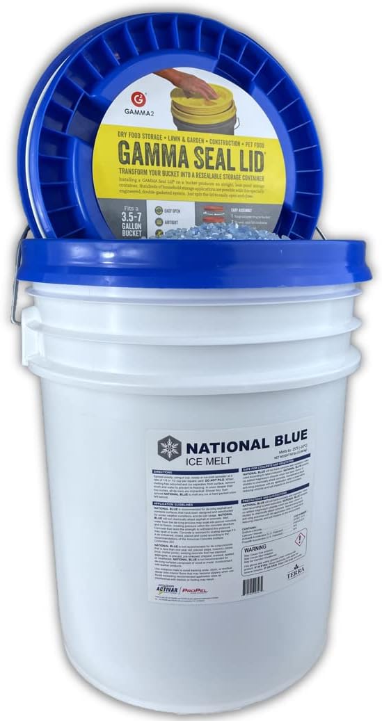 National Blue Snow Salt Ice Melt 50lb Bucket - Fast Acting Ice Melter - Pet, Plant and Concrete Friendly, Environmentally Safe - Free of Magnesium Chloride - Melts to -15°F