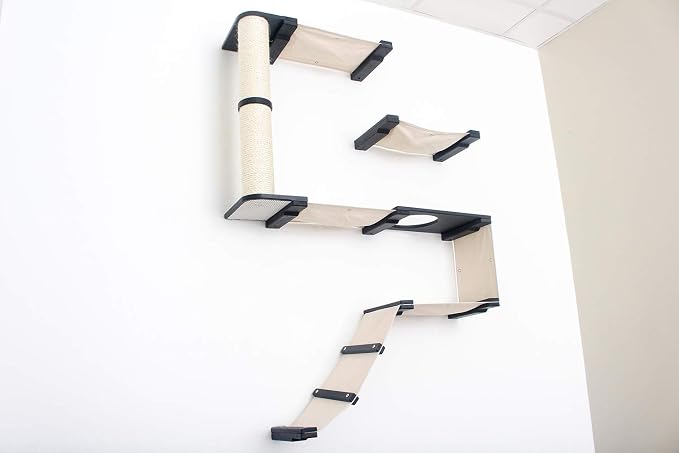 CatastrophiCreations Deluxe Cat Fort Wall Mounted Lounge Climb and Play Furniture Cat Tree Shelves DLF11ENCH English Chestnut Bamboo/Charcoal Gray Canvas