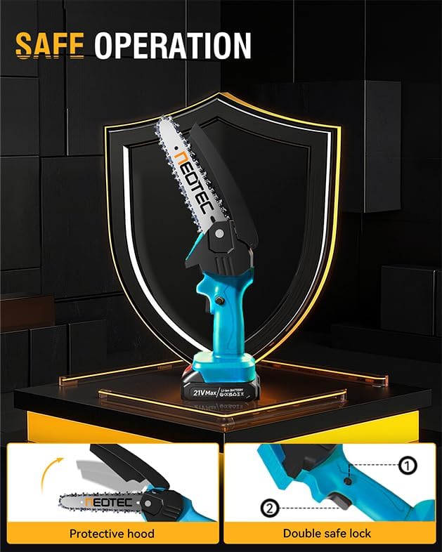 Mini Chainsaw Cordless 6-inch, NEOTEC Handheld Electric Chainsaw 4000mAh Battery Powered with Dual Security Lock, Mini Chain Saw for Tree Trimming Wood Cutting (2 Batteries+3 Chains+2 Bars)