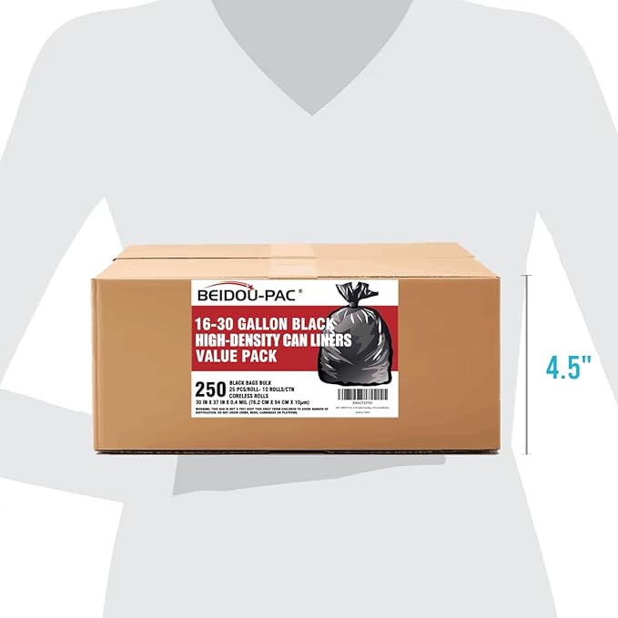 30 Gallon Trash Bags, 250 Count Black Garbage bags, Multi-purpose Trash Can Bin Liners for Bathroom, Office, Industrial, Commercial, Janitorial, Municipal, Recycling