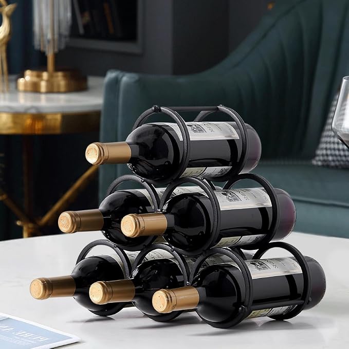 GeLive Small Tabletop Wine Rack 6 Bottles Triangle Freestanding Countertop Wine Bottle Holder Cabinet Pantry Wine Storage Stand Bottle Organizer for Coffee Bar Kitchen, Frosted Iron, Black