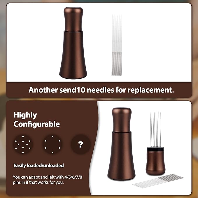 WDT tool, Espresso Distribution tools, 10 x 0.35mm 304 Stainless Steel Needles Installed with 10 Extra needles for Espresso Stirrer Replacement, Aluminum Alloy Handle with Stand (Matte Brown)