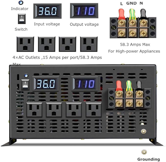 WZRELB 7000W 36V 110-120V Pure Sine Wave Power Inverter with 4 AC Outlets,Bipolar High-Frequency Inverter