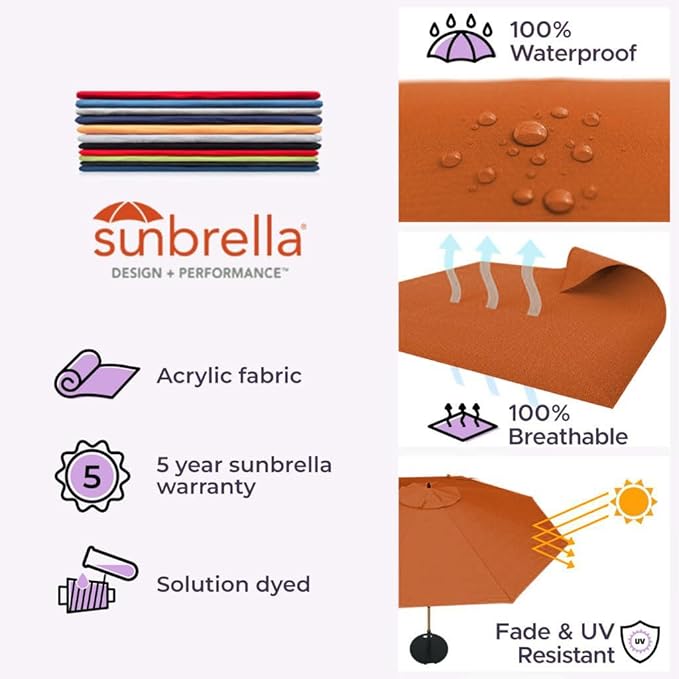 Midtown Umbrellas Push Pop Sunbrella Umbrella 8 Feet Outdoor Umbrella in Terracotta Acrylic Fabric - Patio, Backyard, Garden, Picnic Table & Pool - Black Pole