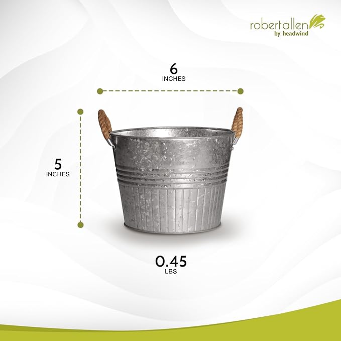 Headwind Decorative Planter - Round Galvanized Bucket w/Rope Handles – 6 Inch Metal Tub Bucket Planter for Outdoor Plants w/Drainage Hole – Galvanized Large Outdoor Planters Buckets by Robert Allen