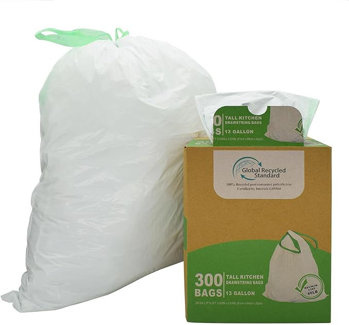 TYPLASTICS 300 Count 13 Gallon Tall Kitchen Drawstring Trash Bags, GRS Compliant, Eco-Friendly Recycled Material