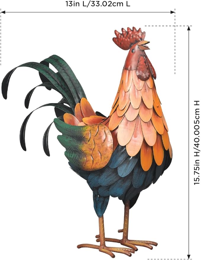 Regal Art & Gift Handcrafted Metal Rooster Statue, Weather-Resistant Farmhouse Yard Art, Indoor/Outdoor Garden Sculpture, Detailed Feather Design, Decorative Bird for Home & Garden, Golden, 16” Height