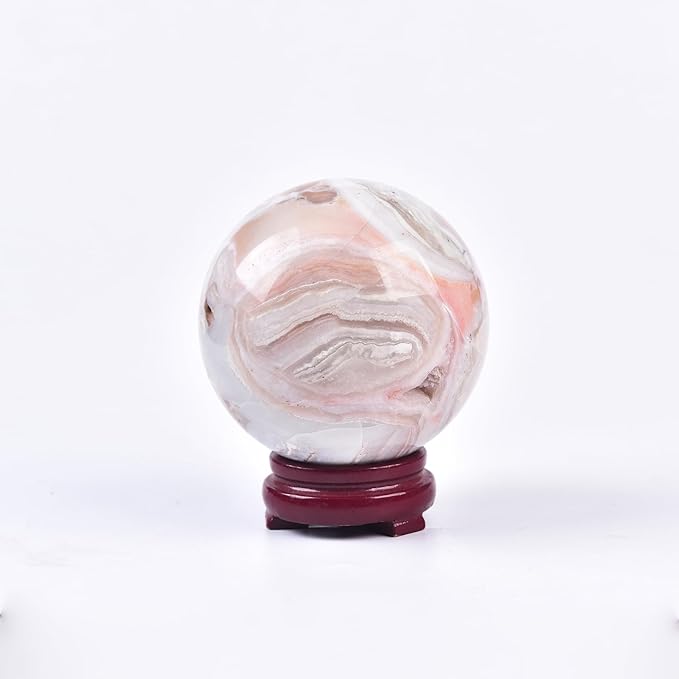 JIC Gem Large Pink Agate Crystal Sphere Ball with Wooden Stand Pink Healing Crystal Decorative Ball 90-100mm