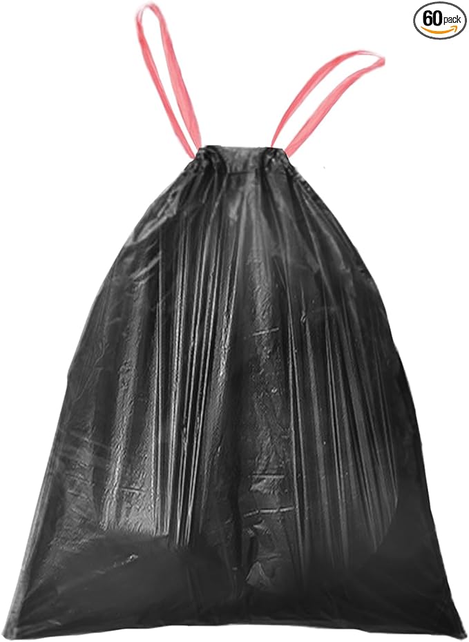 4 Gallon Trash Bag Drawstring, Small Garbage Bags, 1.2Mil Thickness, 45 * 50cm, 5.5g/pcs, Pack of 60 Pcs, Unscented, Black
