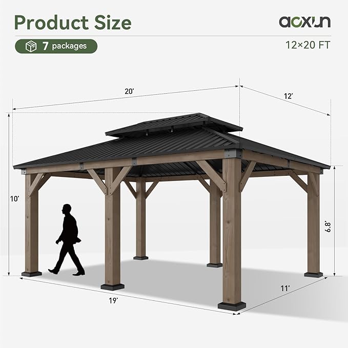 Aoxun 12' x 20' Outdoor Wood Gazebo, Hardtop Gazebo Permanent Wooden Pavilion with Galvanized Steel Double Roof, for Patio, Garden, Backyard, Cedar Wood