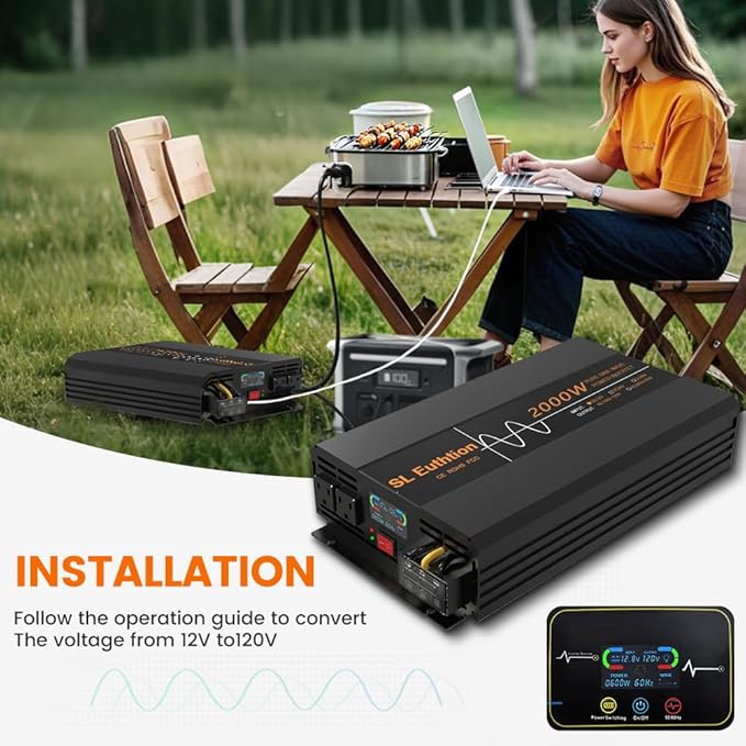 2000W Pure Sine Wave Power Inverter 12V DC to 120V AC 60HZ with LCD Display, USB Port, Wireless Remote Control(10M), Solar, Outdoor