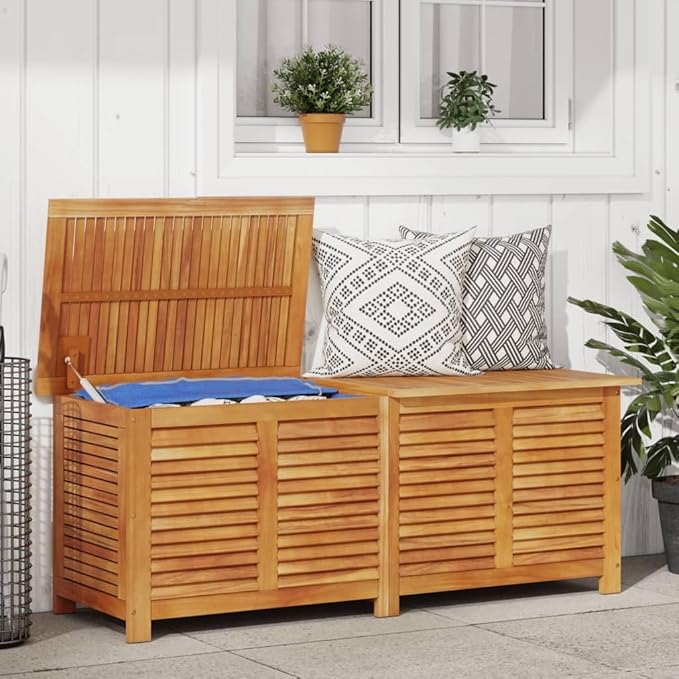 Wooden Garden Storage Box with Louver, Outdoor Cabinet Patio Storage Container for Furniture Tools, 59.1"x19.7"x22" Solid Wood Acacia,-131