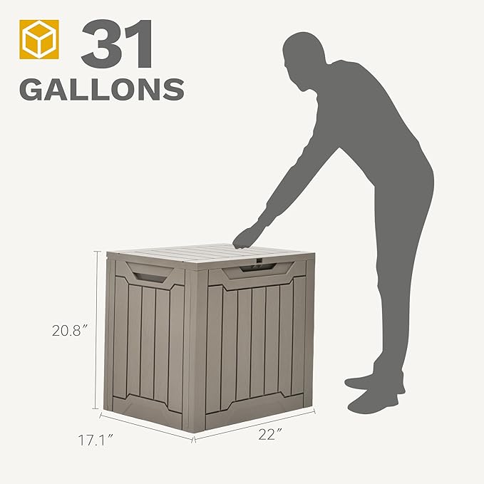 DWVO 30 Gallon Outdoor Storage Deck Box, Resin Patio Storage for Gardening Tools, Patio Cushions, Waterproof and Lockable (Light Brown)