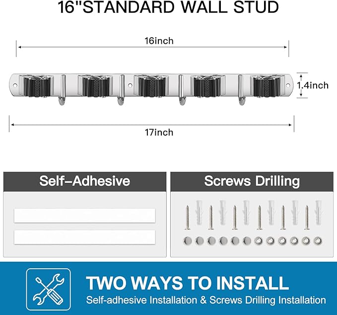 IMILLET 2 Pack Wall Mount Broom Holder Stainless Steel 5 Racks with 4 Hooks Broom Organizer Self Adhesive Heavy Duty Laundry Room, Garage Organization Storage