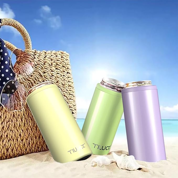 TILUCK Skinny Can Cooler, Stainless Steel Insulated Slim Cans, 12 oz | Beer & Hard Seltzer, Doucle-Walled Stainless Steel Insulated Slim Cans, Slim 12 oz(Lemon)