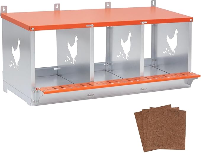 4-Bay Metal Nest Box for Chickens Wall Mount, Galvanized Steel Hen Laying Box with Hen-Shaped Vent Holes, Includes Coconut Fiber Pad, Easy to Clean & Assemble (Orange/Silver)