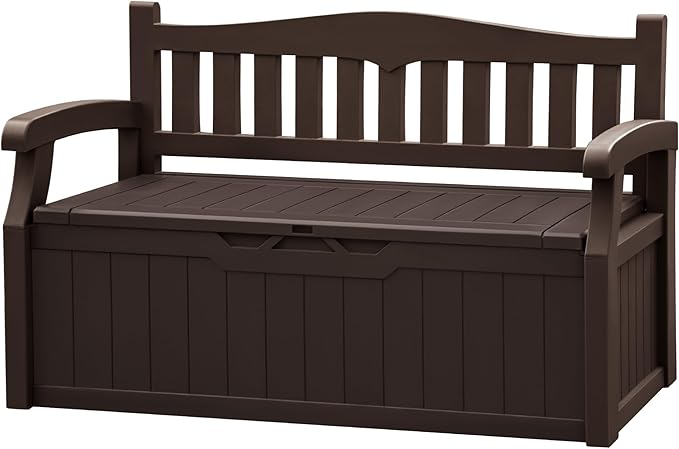 JUMMICO 80 Gallon Resin Outdoor Storage Bench, Large Deck Box with Armrest, Lockable & Waterproof for Garden, Home, Patio, Pools (Brown)