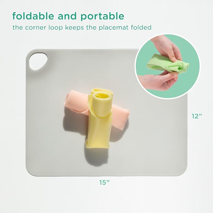 Olababy Fold N Go Silicone Placemat w Travel Case | Dishwasher Safe, BPA Free, Non-Slip, Waterproof | Mini Dining Mat for Infants, Babies, Toddlers and Kids (1, Pearl)