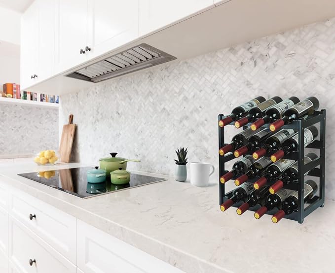 Bamboo Wine Rack, Sturdy and Durable Wine Storage Cabinet Shelf, Wine Racks Countertop for Pantry - 4 Tiers 16 Bottle Wine Rack Black