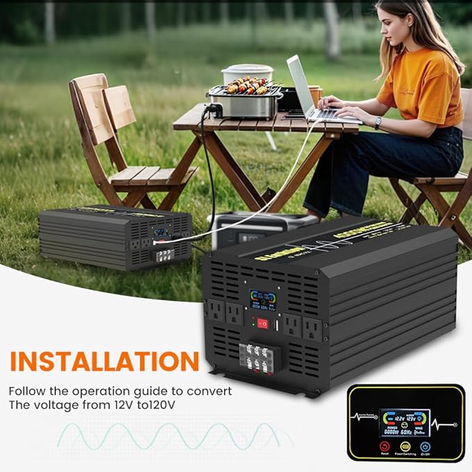 4000W Pure Sine Wave Power Inverter 12V DC to 120V AC 60HZ with LCD Display, USB Port, Wireless Remote Control(10M), Solar, Outdoor