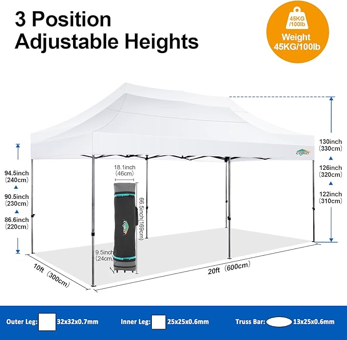 COBIZI 10x20 Pop up Canopy Tent with 6 Sidewalls, Waterproof Heavy Duty Commercial Canopy for Parties, Outdoor Tent, Garden Gazebo, Carry Bag with Wheel (10x20ft, White)