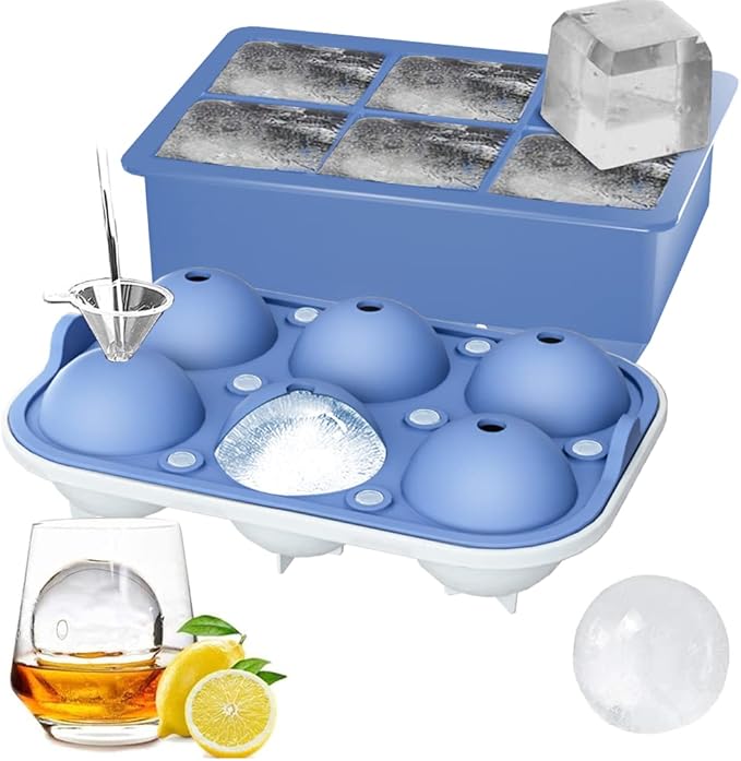ROTTAY Ice Cube Trays (Set of 2), Sphere Ice Ball Maker with Lid & Large Square Ice Cube Maker for Whiskey, Cocktails and Homemade, Keep Drinks Chilled