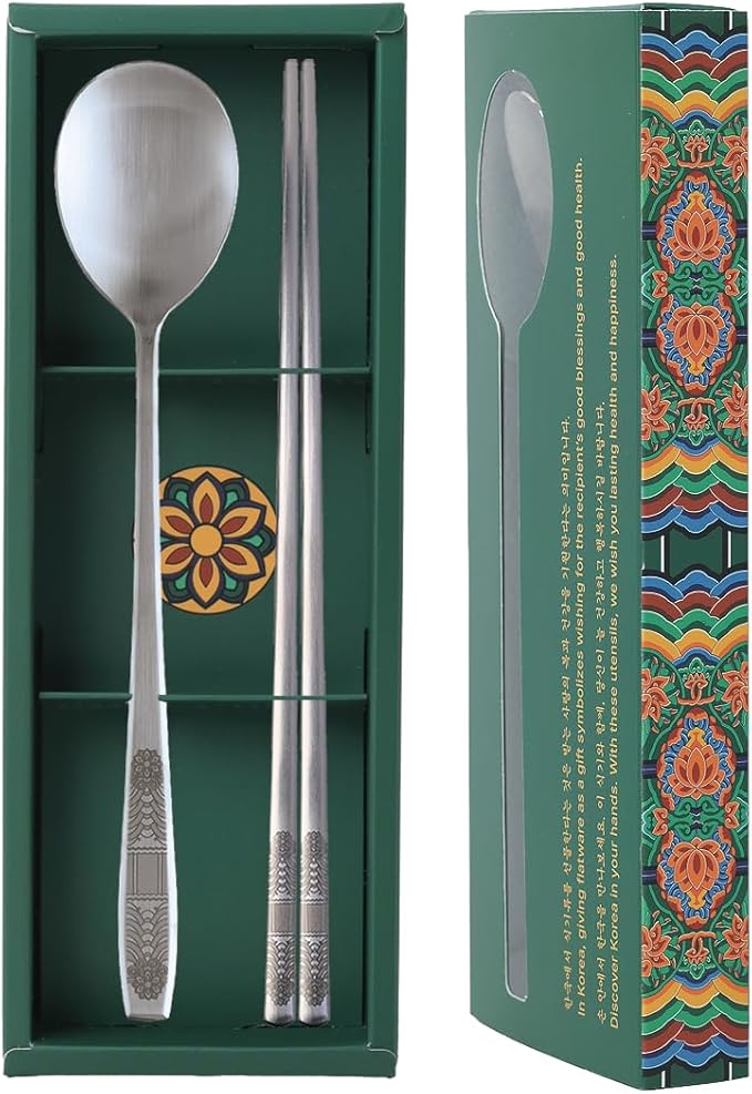 Korean Dancheong Engraved Spoon and Chopsticks Set, 18/10 Stainless Steel | Sujeo gift set for one in Korean inspired box, made in korea