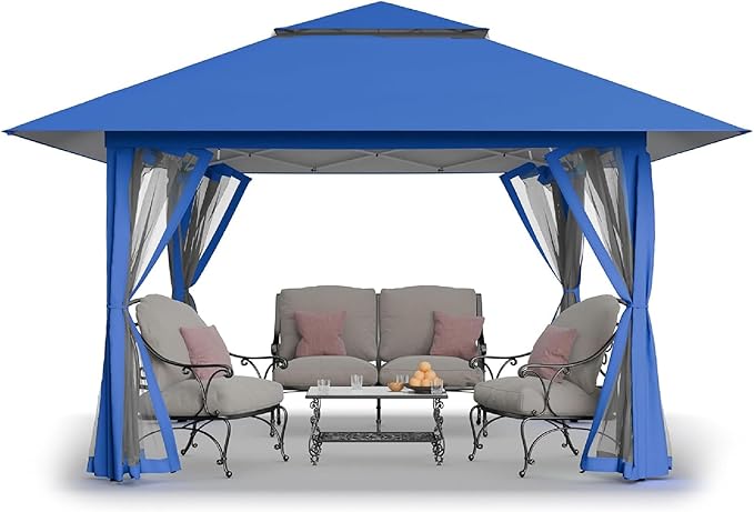 CROWN SHADES 13x13 Pop Up Gazebo, Canopy Tent, Gazebos on Clearance - Outdoor Gazebo for Backyard & Patio Furniture - Carpa Pop Up Tent with Wheeled STO-N-Go Cover Bag (Blue)