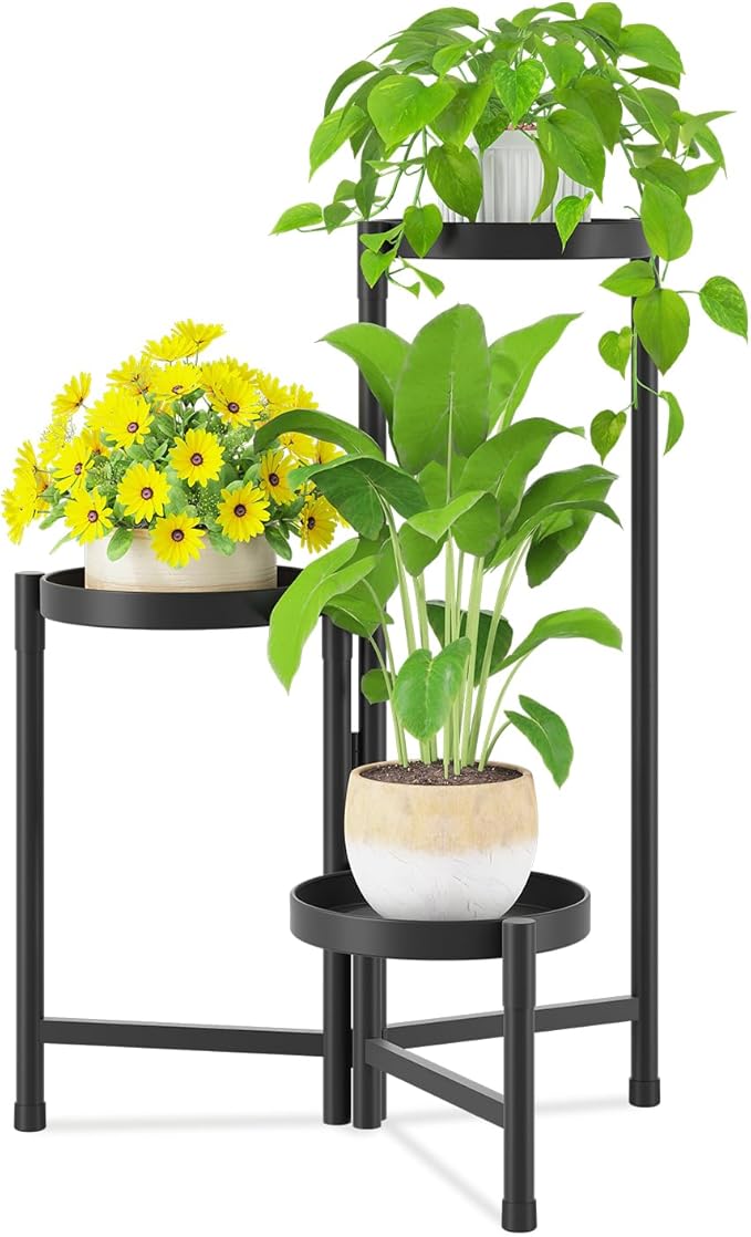 iDavosic.ly Plant Stand Indoor Outdoor, 3 Tier Corner Metal Flower Display Holder Shelf, Folding Tall Orchid Rack for Patio Balcony Porch Garden Living Room House, Black