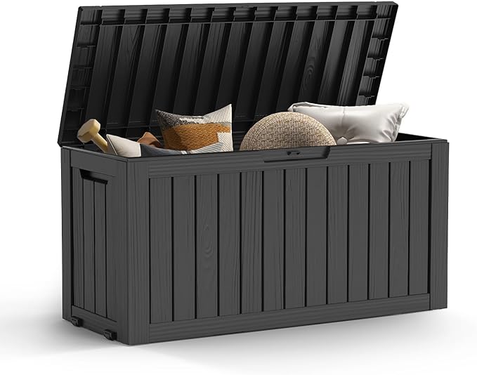 Mars Villa 72 Gallon Deck Box, Outdoor Storage Box Waterproof, Outside Resin Storage Bin for Patio Furniture Cushions, Pool Supplies, Garden Tools, UV-Resistant and Weatherproof, with 4 Wheels, Black