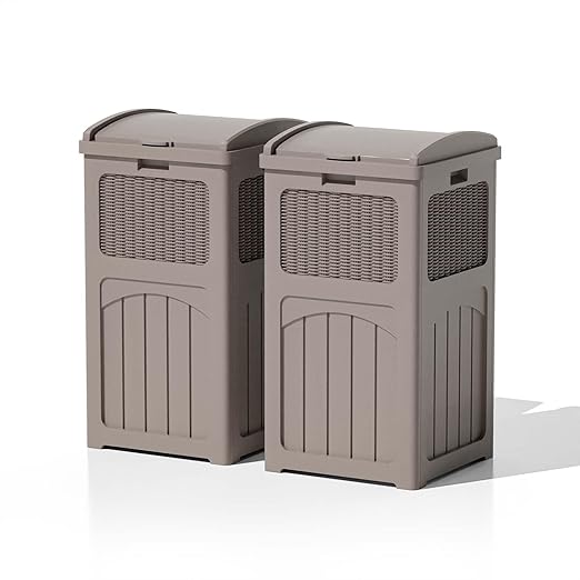 Patiowell 36 Gallon Outdoor Trash Can, Resin Outdoor Garbage Can with Lid for Patio, Backyard, Deck, Light Brown (2 Pack)