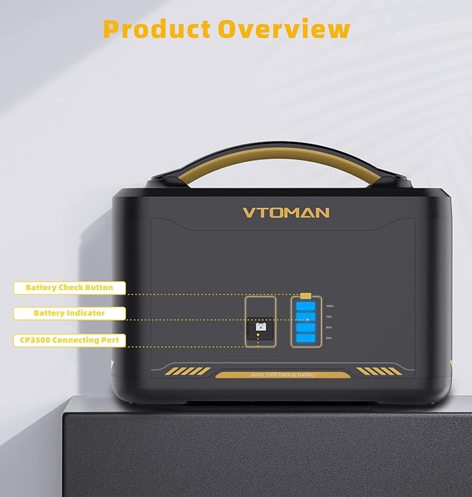 VTOMAN 2376Wh Portable Power Station, Jump 1500X Solar Generator with Extra Battery, 3000W Peak Durable LiFePO4 (LFP) Battery Station with 1500W AC Outlets, PD 100W for Home Backup & RV/Van Camping
