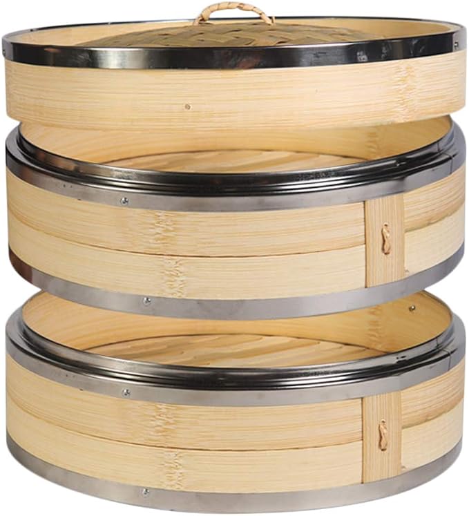 2-Tier Kitchen Bamboo Steamer with Stainless Steel Rings for Asian Cooking | Sauce Dish & 2-Chopsticks & 2 Liners | Buns Dumplings Vegetables Fish Rice