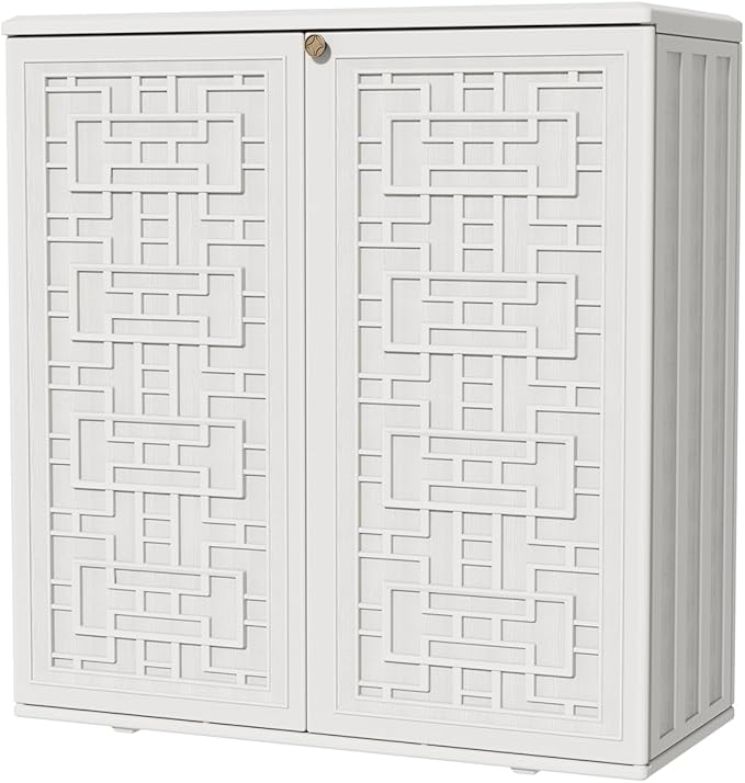 KINYING Outdoor Storage Cabinet Waterproof, Resin 60 Gallon Deck Box for Patio Furniture Cushions, Garden Tools, Pool Tools and Kids’ Toys (Off White with 1 Shelving)
