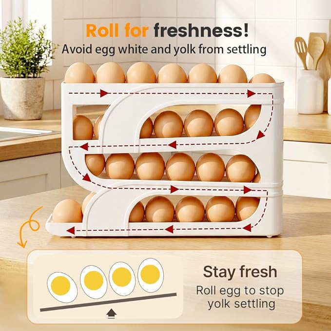 Auto Rolling Egg Holder for Fridge, 4-Tier Egg Dispenser Organizer Holds 28 Eggs, No Assembly Space-Saving Egg Storage Rack for Refrigerator & Countertop (Yellow)