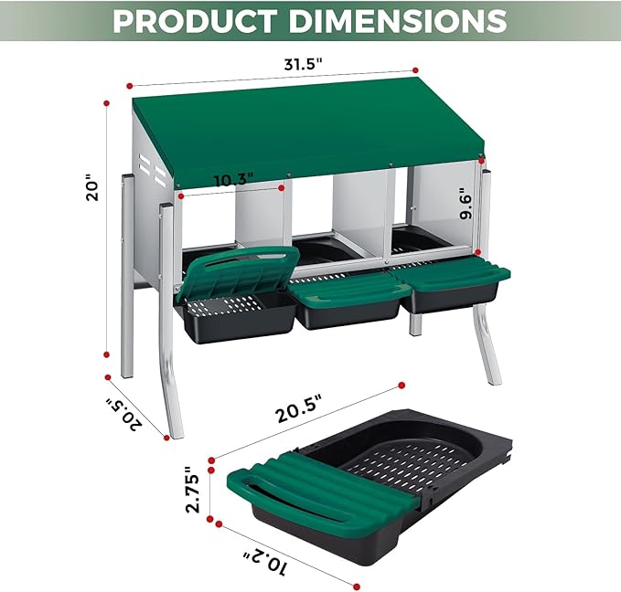 Chicken Nesting Boxes with Rollout Egg Collection – 3-Compartment Metal Hen Nest Box with Removable Trays, Slanted Roof & Ventilation, Wall Mount or Standing for Backyard Poultry Coop, Green
