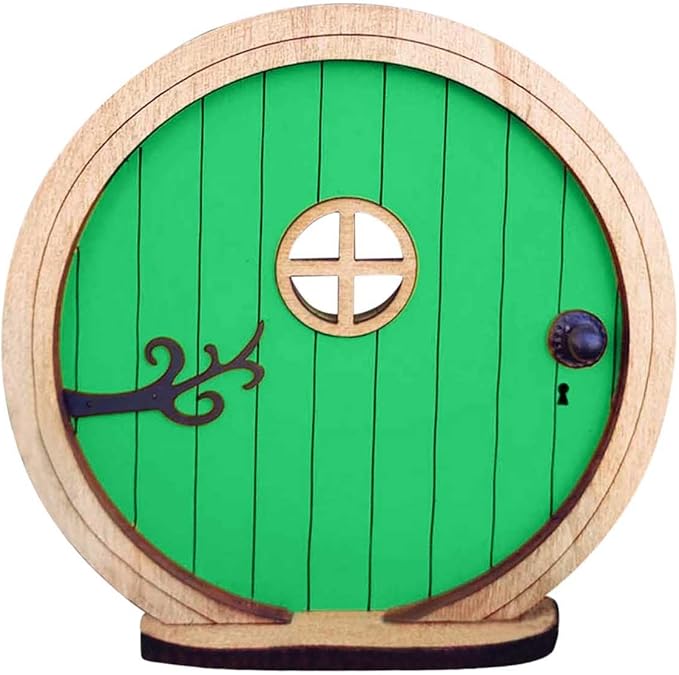 1Pc Fairy Garden Door for Tree, Fairys Doors for Trees Outdoor and Tree Trunk, Mini Fairy Garden Sculpture Lawn Ornament Decor, Fairys Tales Door Decoration,Gardens Miniatures (Green)