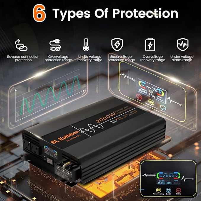 2000W Pure Sine Wave Power Inverter 12V DC to 120V AC 60HZ with LCD Display, USB Port, Wireless Remote Control(10M), Solar, Outdoor