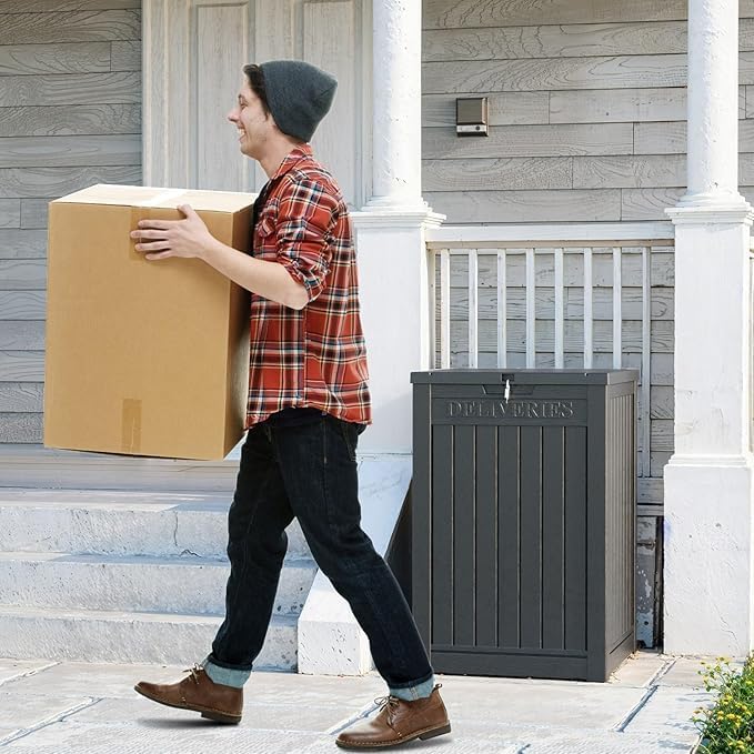 EasyUp Outdoor Package Delivery Box, 48-Gallon Lockable Parcel Drop Box, Large Double-Walled Resin Weatherproof Storage Deck Box for Porch and Patio (Black)