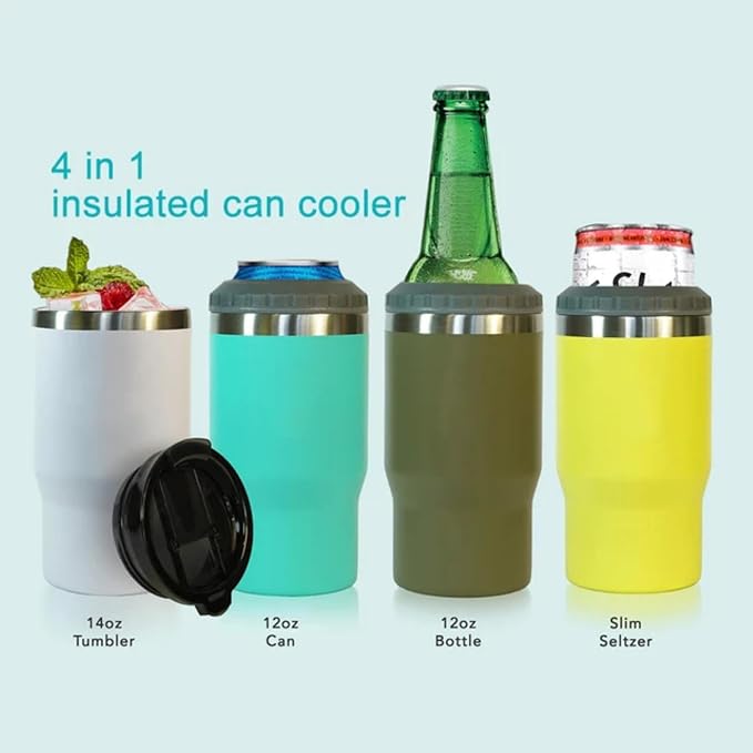 4 in 1 Stainless Steel Can/Bottle Insulator, 14oz Two-Way Lids SUS Insulated Can Cooler, Beer Bottle holder (Orange)