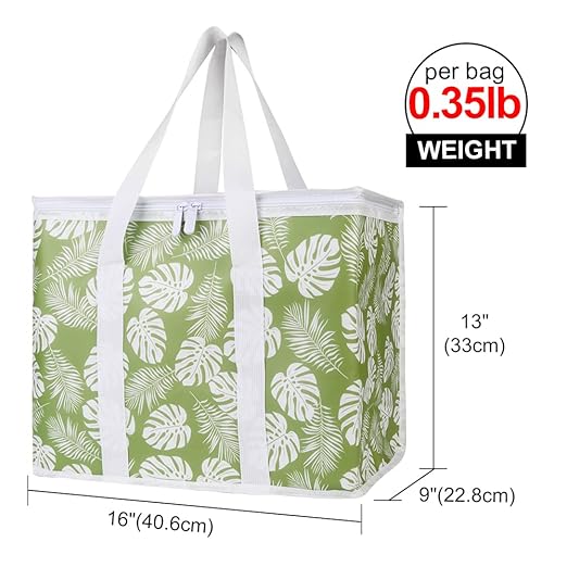 Bodaon 2-Pack Insulated Reusable Grocery Shopping Bags, X-Large Picnic Cooler Bag with Zipper Zippered Top Cold, Green-Leaf | Secure Zippered Top Warmer, Heavy Duty Insulated Food Delivery Bag, For Commercial Catering Rideshare Driver/Picnic, Foldable