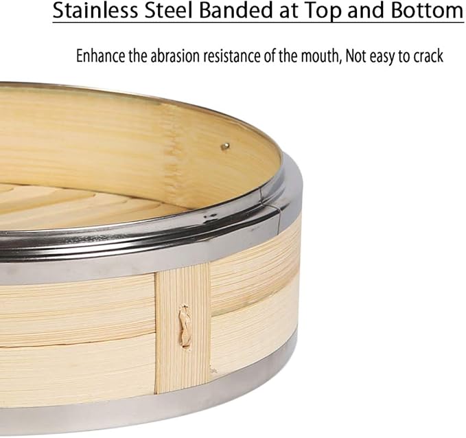 2-Tier Kitchen Bamboo Steamer with Stainless Steel Rings for Asian Cooking | Sauce Dish & 2-Chopsticks & 2 Liners | Buns Dumplings Vegetables Fish Rice