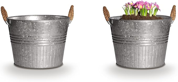 Headwind Decorative Planter - Round Galvanized Bucket w/Rope Handles – 6 Inch Metal Tub Bucket Planter for Outdoor Plants w/Drainage Hole – Galvanized Large Outdoor Planters Buckets by Robert Allen