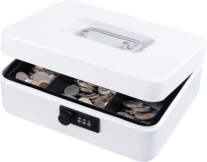 KYODOLED Large Cash Box with Combination Lock,Safe Metal Box for Money, Storage Lock Box with Money Tray,9.84"x 7.87"x 3.54" White Large