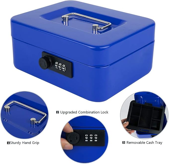 KYODOLED Cash Box with Combination Lock,Safe Metal Box for Money,Storage Lock Box with Money Tray,7.87"x 6.30"x 3.54" Blue Medium