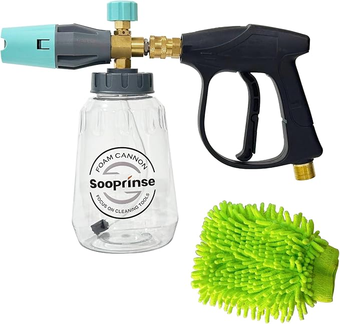 Sooprinse Short Pressure Washer Gun With Foam Cannon, High Pressure Snow Foam Lance, 1/4 Inch Quick Connector, Power Washer Blaster, Car Wash Mitt, 3000 PSI, 1 Liter