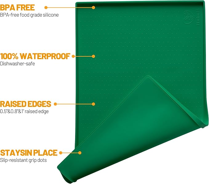 Hubulk Dog Feeding Mat,100% Waterproof Food Grade Silicone Pet Food and Water Bowl Placemat,Dishwasher, High Raised Edge to Prevent Spills,Nonslip Tray to Stop Messes on Floor(28"x18"x0.8",Hunter )