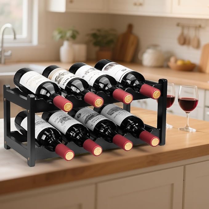 Wine Rack 8 Bottle 2-Tier Eco-Friendly Bamboo Wine Storage Easy-Assembly Space-Saving for Wine Lovers,Kitchen Wine Organizer for Countertop,Pantry, Home,Room Decor,Bar